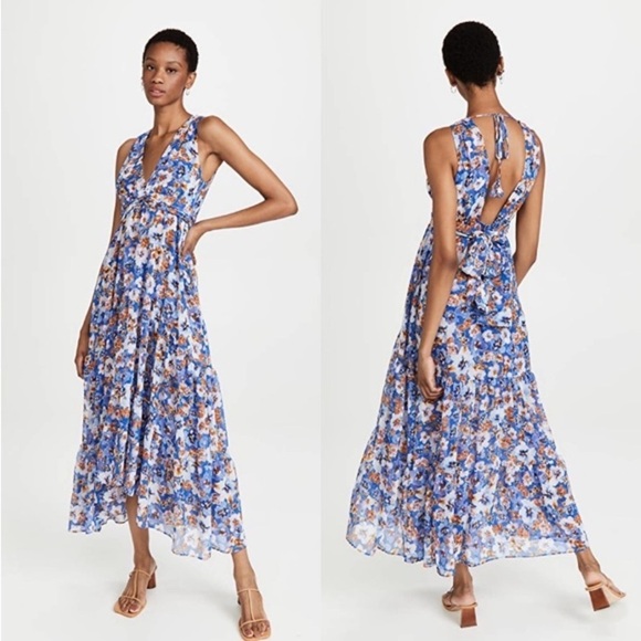 MISA Dominika Maxi Dress XS  Blue Pansy Floral Flowy Plunging Neckline Feminine - Picture 1 of 16